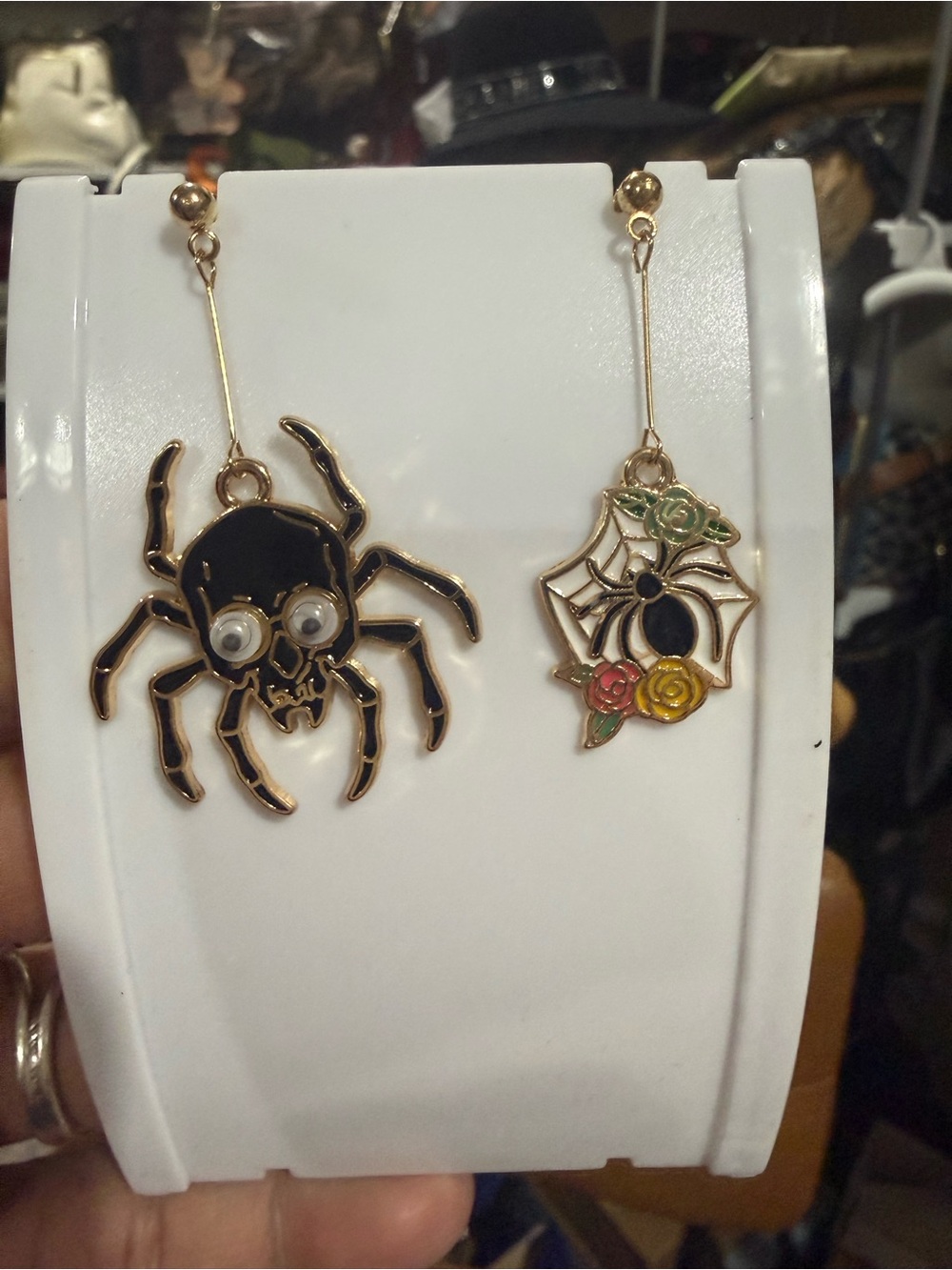 Earrings in Gold and Black Spider Dangle with Floral Web Accent also in silver